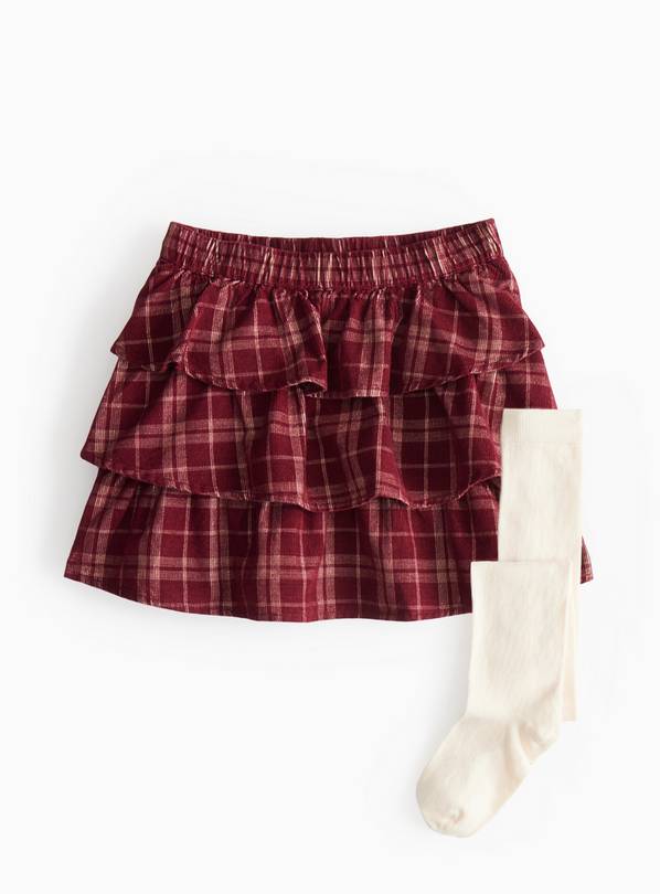 Red Check Corduroy Rara Skirt & Cream Tights 4-5 years